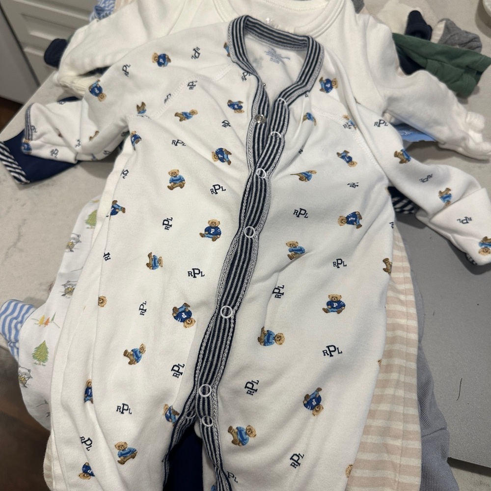 Ralph Lauren Kids White and Navy Bear Print Footie